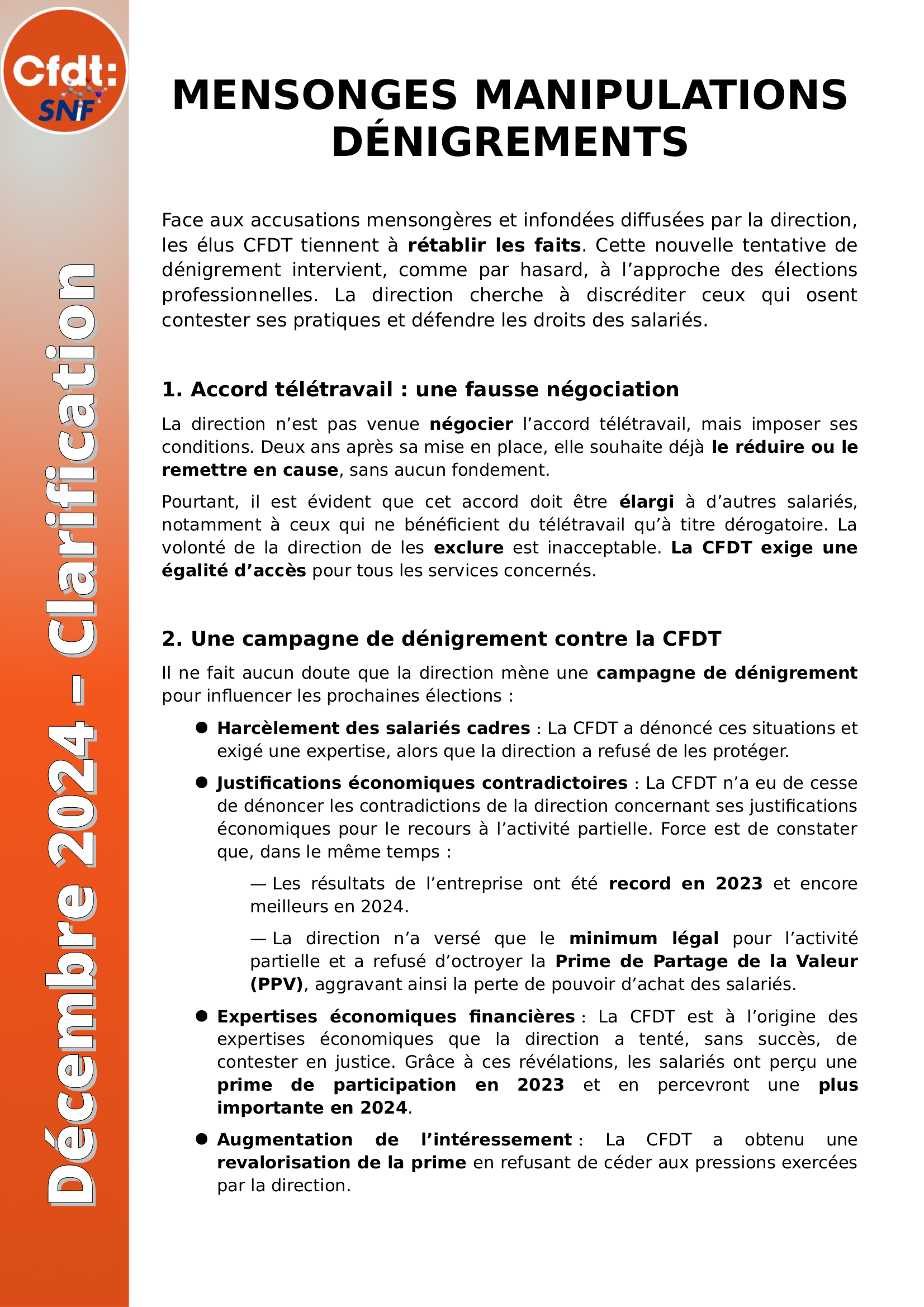 2024 1216 tract CFDT Mensonges Manipulations Dénigrements P1